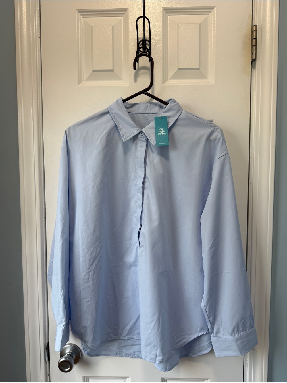 NWT CUPSHE Light Blue Blouse Office Casual w/ Covered Buttons Size XL